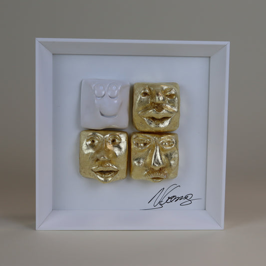 Quadro de Cerâmica Artesanal | 4 Rostos | Folha de Ouro