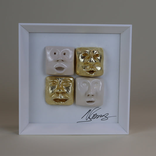 Quadro de Cerâmica Artesanal | 4 Rostos | Folha de Ouro